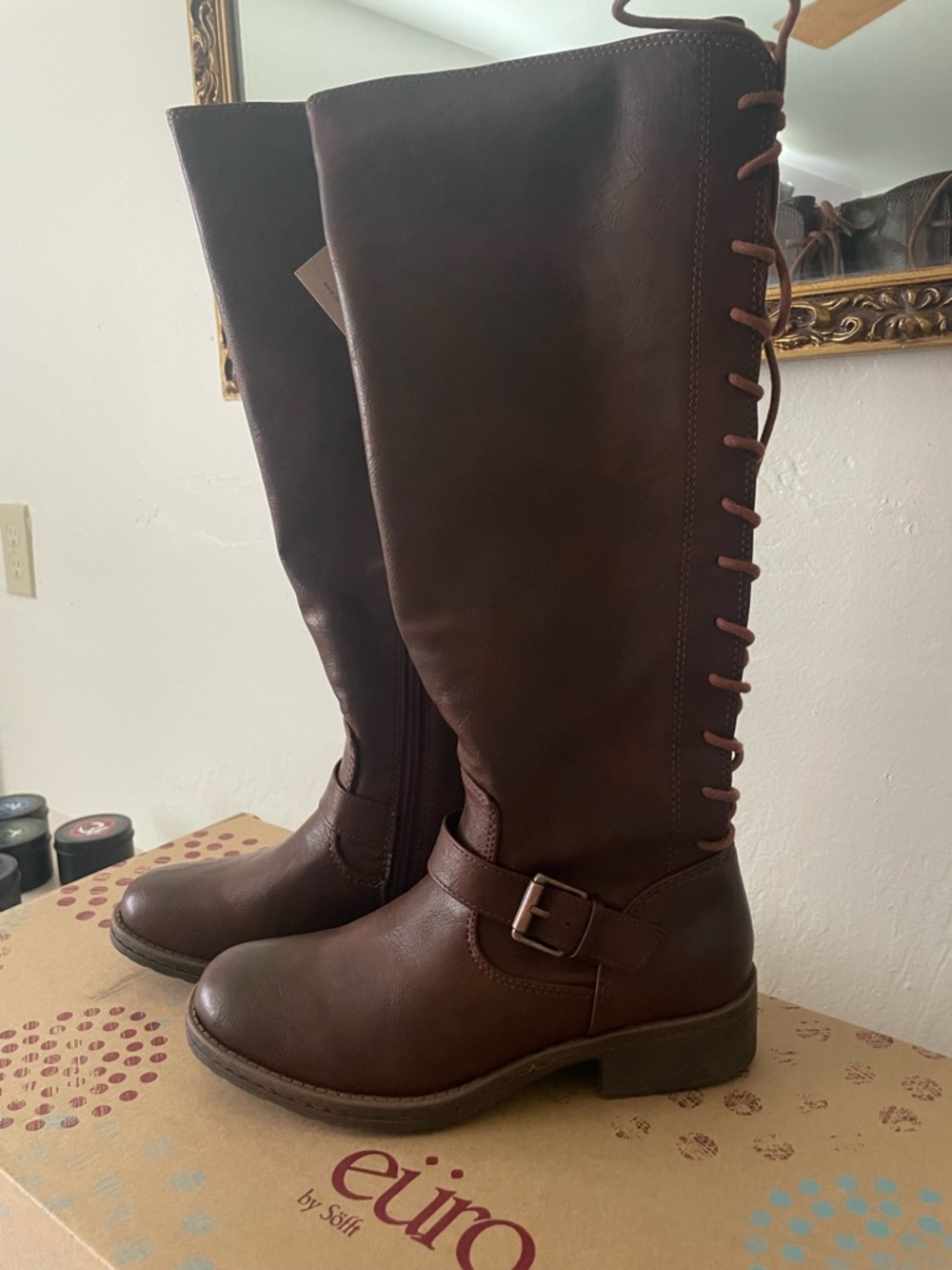 Women's Over-the-Knee Brown Lace-Up Boots with Buckle Strap